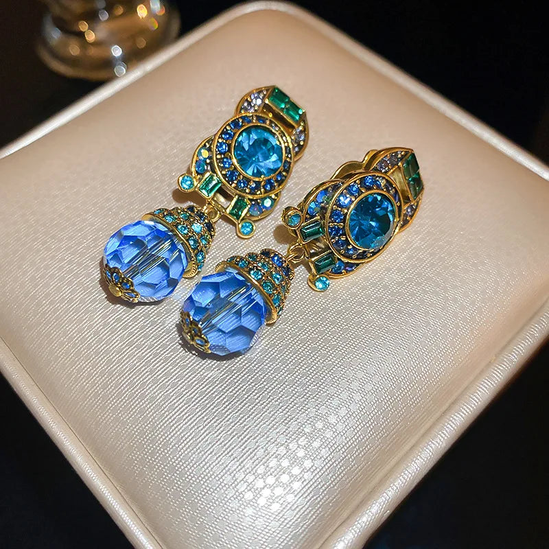 Vintage Blue Water Drop Crystal Earrings for Women - Rhinestones, Round Ear Clips, Retro Party Jewelry