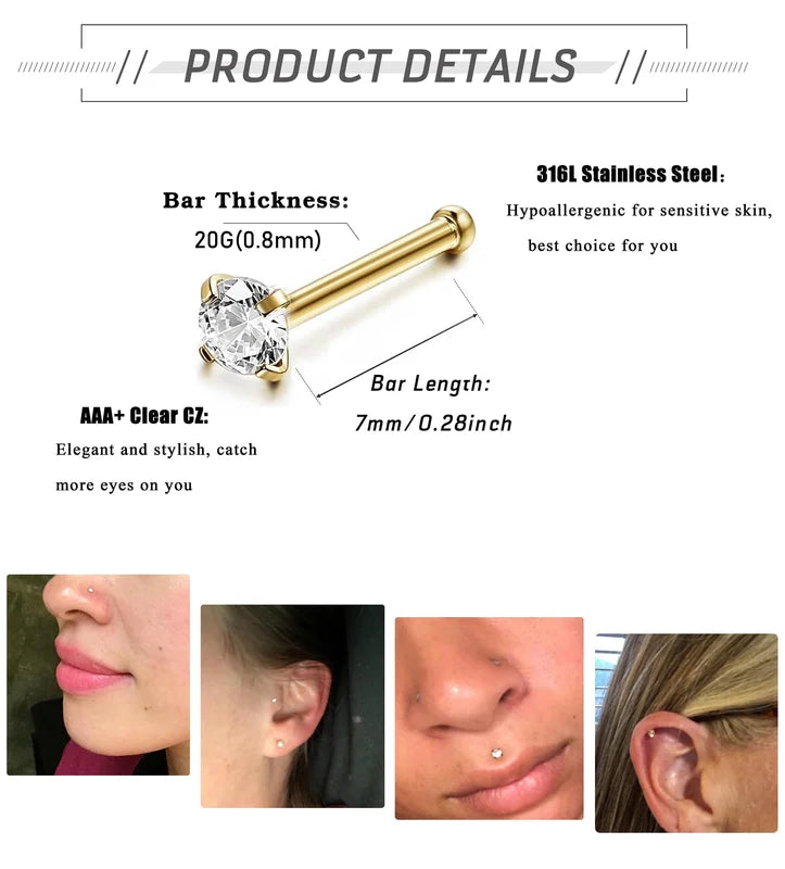 Hypoallergenic Nose Piercing Jewelry Studs for Women Men - Surgical Steel Cubic Zirconia