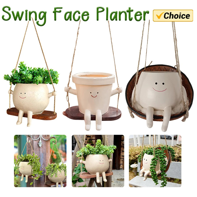 Wall Hanging Face Plant Pot - Resin Swing Planter for Succulents & Flowers