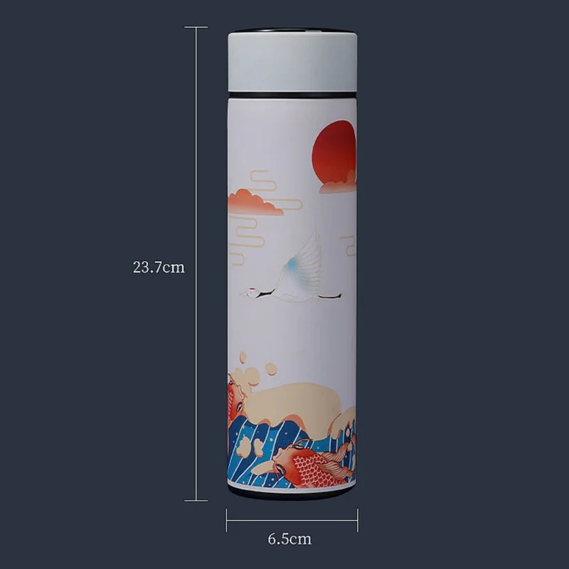 Chinese Style Insulated Water Bottle with Temperature Display - Retro Stainless Steel Flask for Hot & Cold Drinks