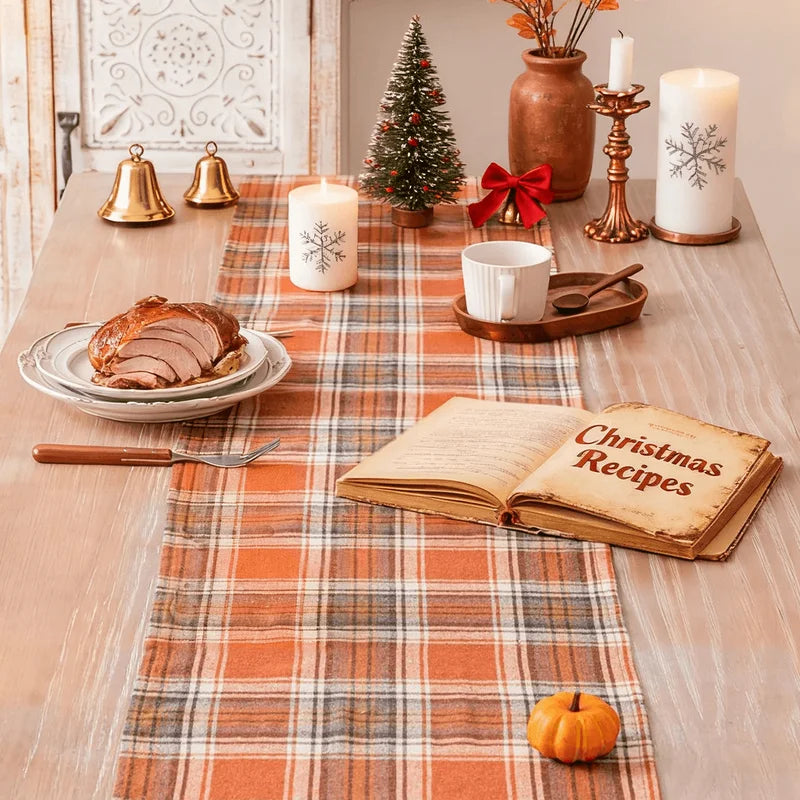 Autumn & Winter Vintage Orange-Red Plaid Table Runner for Dining & Banquet Tables