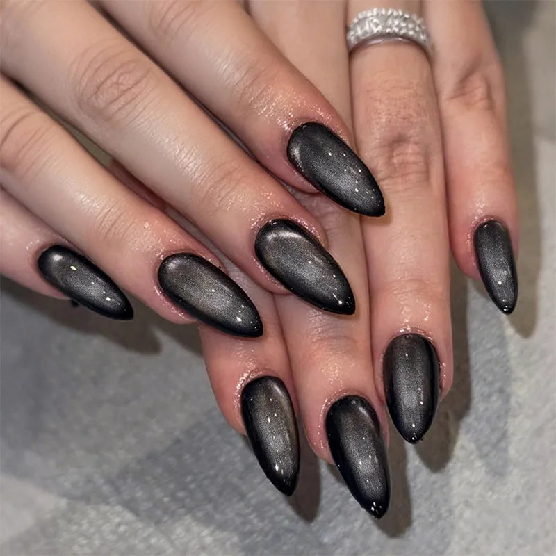 24pcs Gradient Black Pointed Nail Tips Fake Nails Set Long Almond Press On Nails