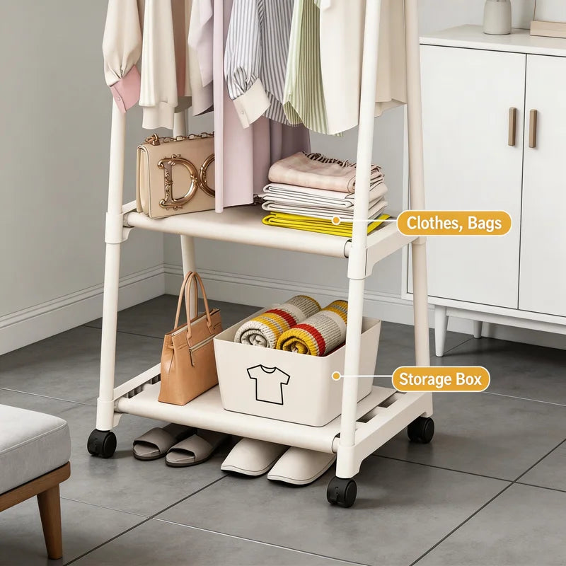Multifunctional Movable Coat Rack Stand with Shelves Space-Saving Clothes Organizer