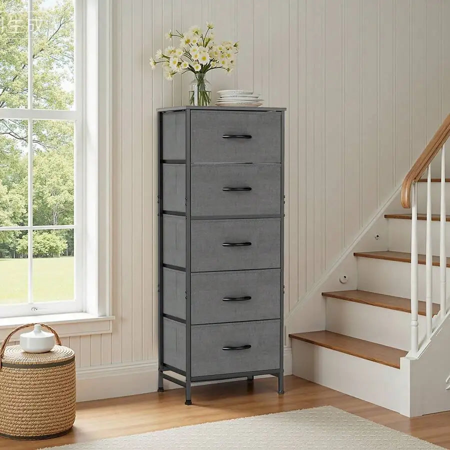 5-Drawer Dresser with Fabric Bins, Steel Frame & Wood Top - Bedroom Storage Organizer