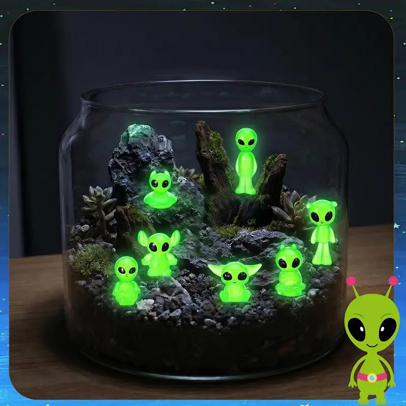 14Pcs Luminous Mini Alien Resin Figurines - Glow in Dark Space Party Decorations