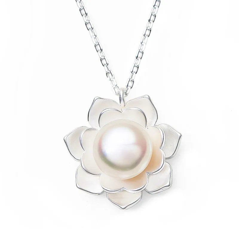 Sterling Silver Jewelry Necklace with White Lotus Shell Beads and Pearl Flower Pendant