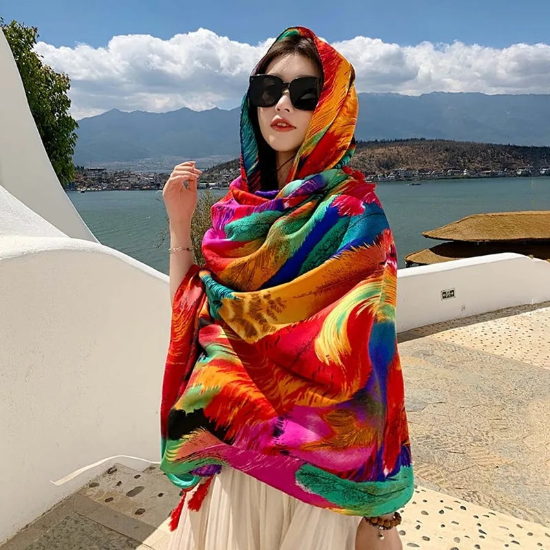 Breathable Silk Scarf Shawl Lightweight Ethnic Style Yarn Wrap for Beach & Casual Wear