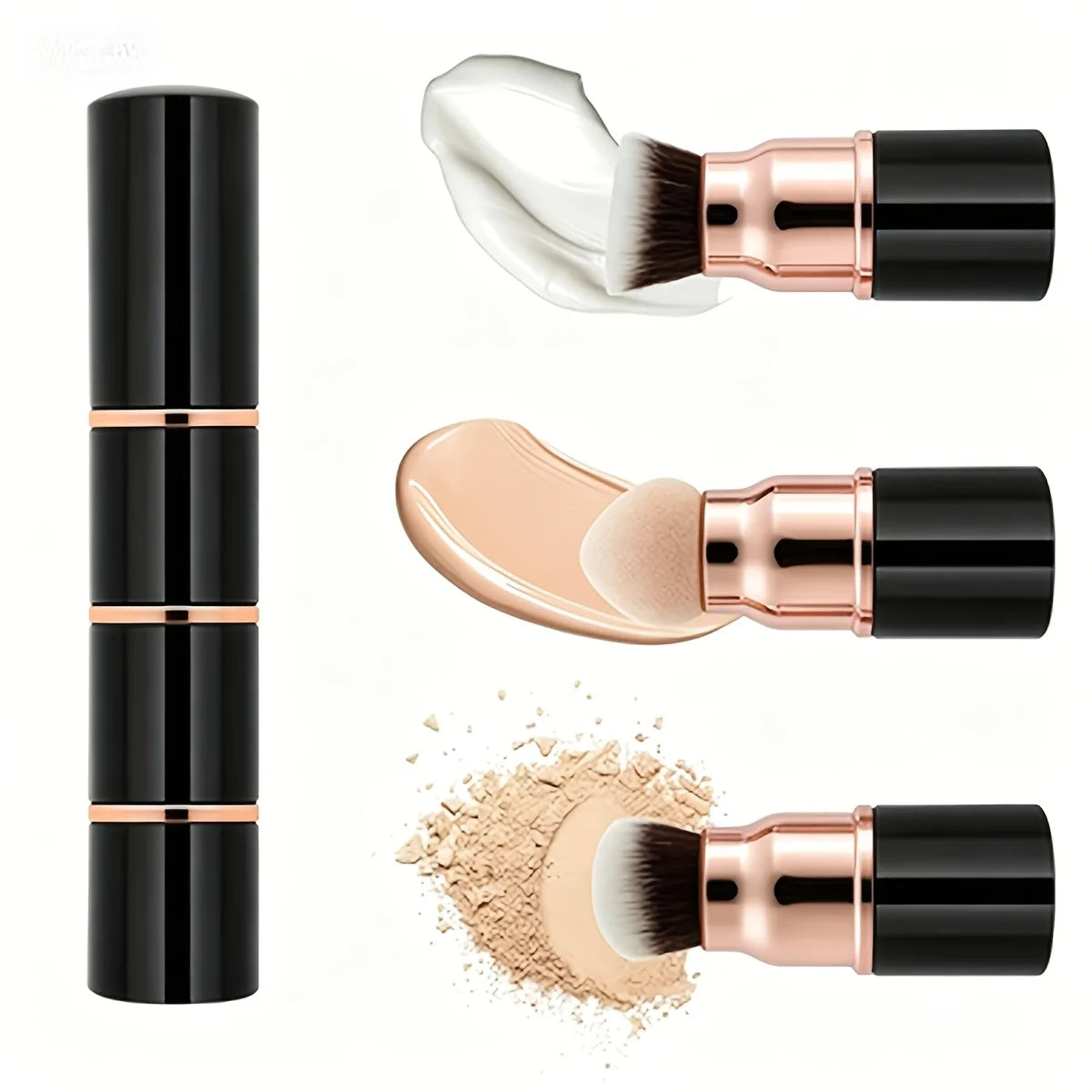 3-in-1 Portable Makeup Brush Set with Detachable Sponge & Dust Cover