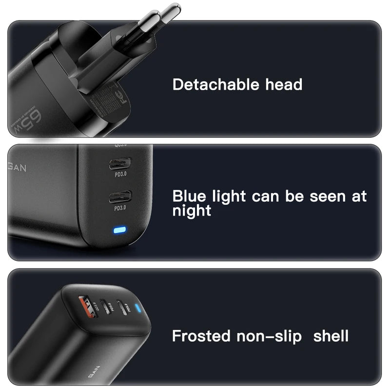 65W GaN USB-C Charger Fast Power Adapter for Laptop & Phone