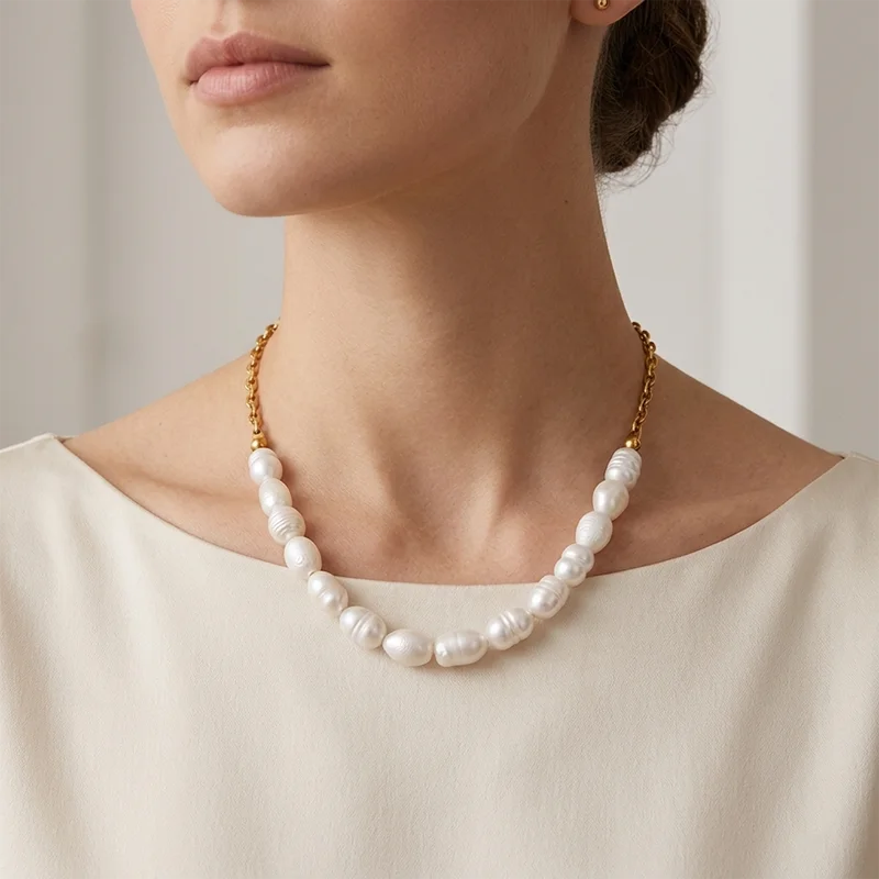 Elegant Pearl Choker Necklace with 18K Gold Plating for Women