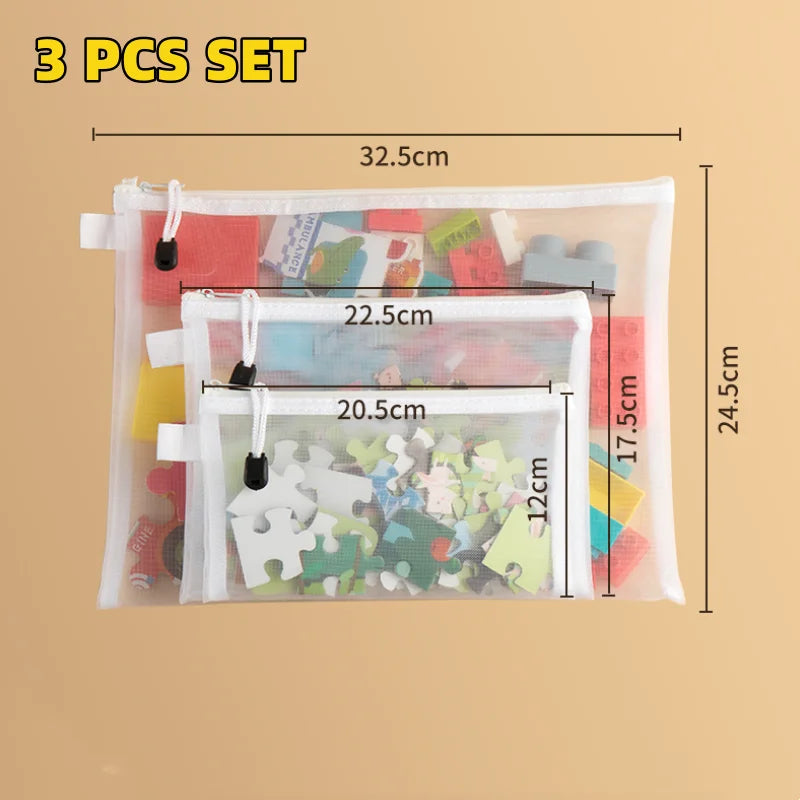 Mesh Zipper File Bags Waterproof Storage Organizer Set - Multiple Sizes