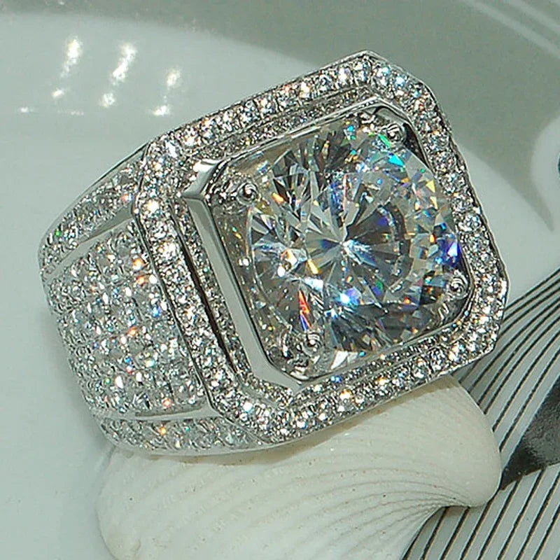 Big Rhinestone Hip Hop Square Ring for Men - Pave CZ Engagement Jewelry