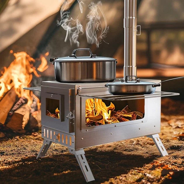 Portable Wood Burning Stove with Chimney Pipes for Camping & Outdoor Heating