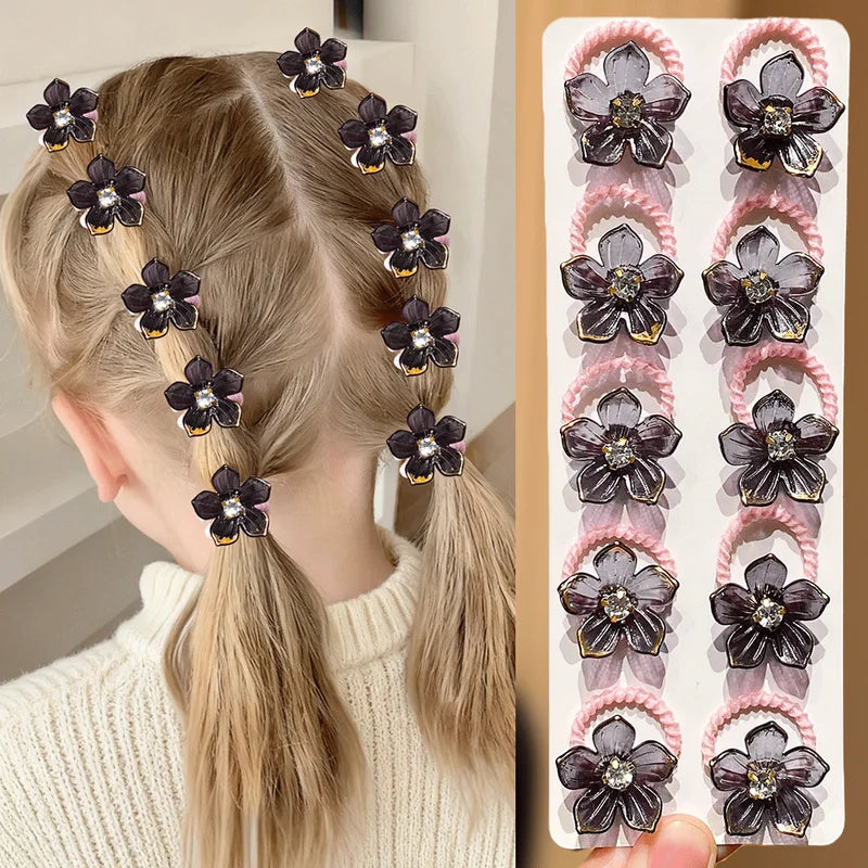 Girls Elastic Hair Bands with Rhinestone and Flower Decorations - Durable & High Elasticity Hair Ties for Braid and Ponytail