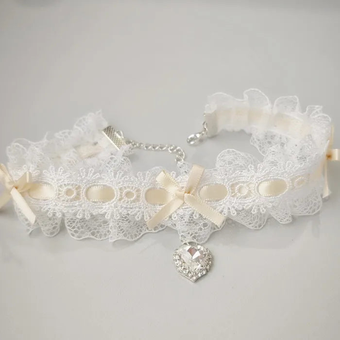 Lace Bow Necklace Heart Gem Charm Lolita Jewelry for Weddings & Parties