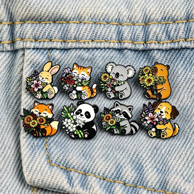 Cute Animal Flower Bouquet Enamel Pins for Backpack & Gift - Assorted Styles