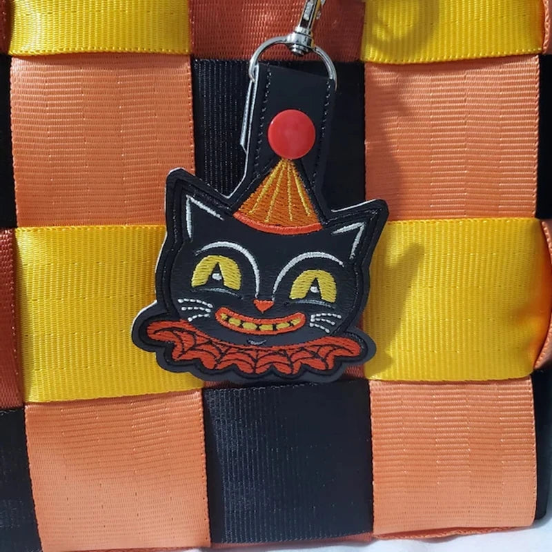 Vintage Halloween Black Cat Keychain - Embroidered Vinyl Cat Charm