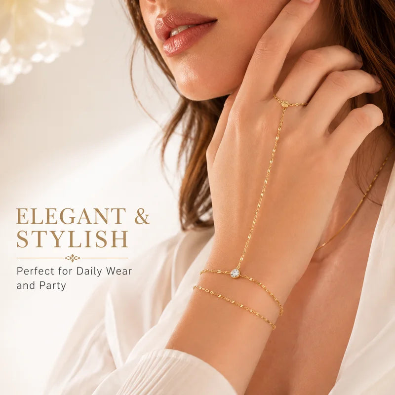 Adjustable Gold Plated Stainless Steel Hand Chain Ring Bracelet for Women - Summer Party Jewelry