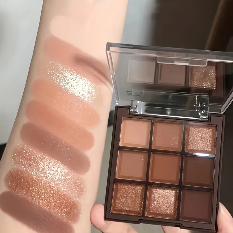 9-Color Mocha Chocolate Eyeshadow Palette with Matte, Pearly & Glitter Finishes