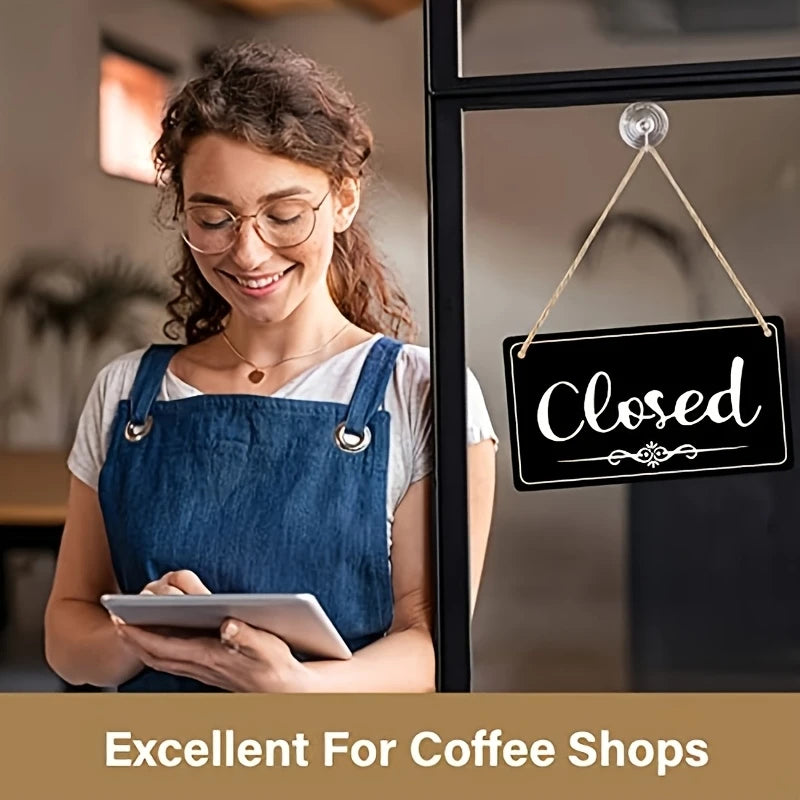 Double-Sided Wooden Business Signboard Open Closed Store Sign Doorplate Decor