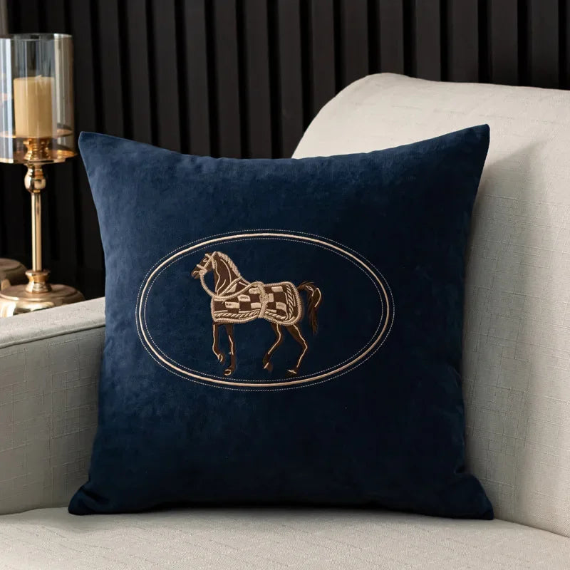 Elegant Hand-Embroidered Cushion Cover with Horse Design 45x45cm - Multiple Colors