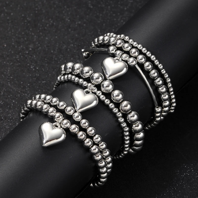 7-Piece Heart Charm Beaded Bracelet Set for Women Vintage Multi-Layer Jewelry Gift