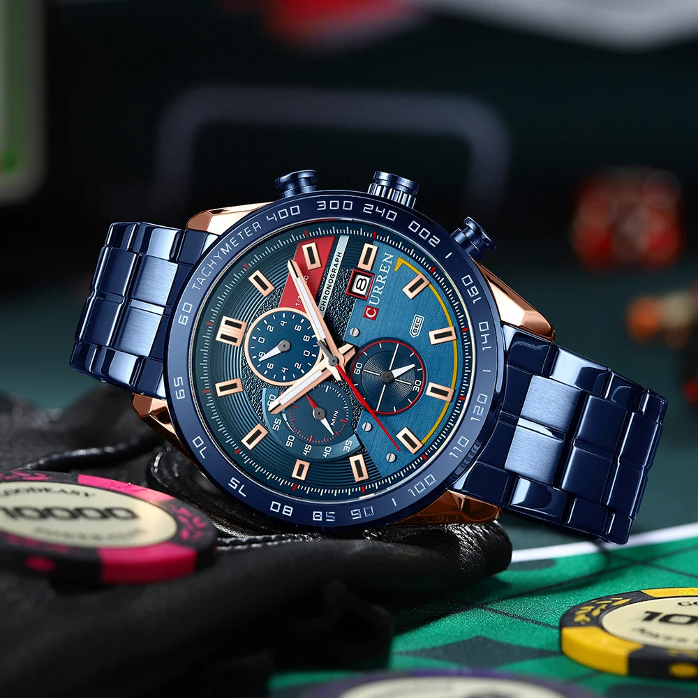 Men's Quartz Watch Waterproof Business Chronograph Stainless Steel Strap