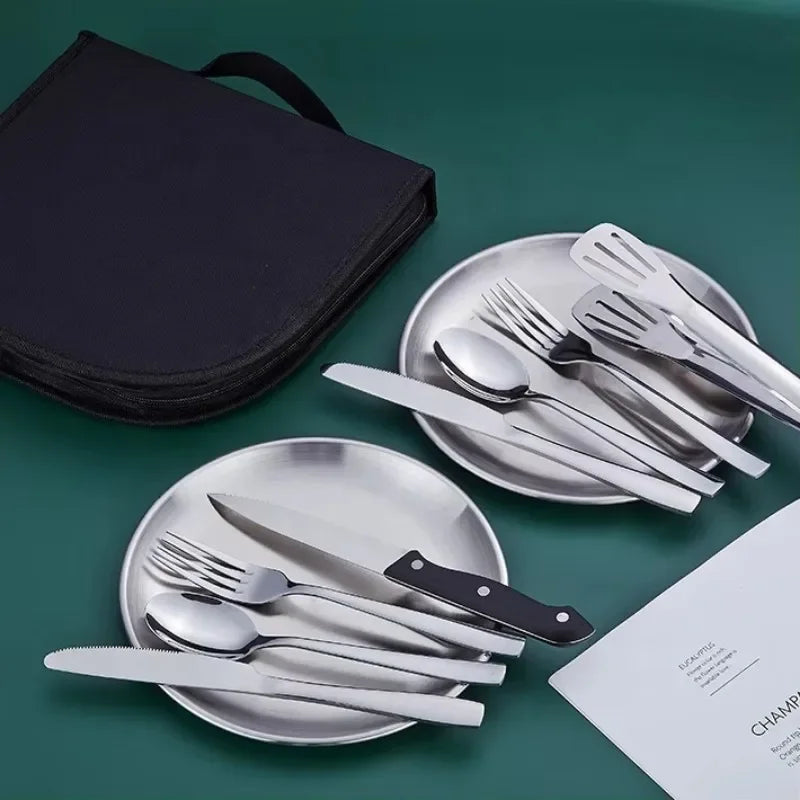 2-Person Camping Utensil Set with Plates, Spoons, Knives & Forks for Outdoor Picnic Dinnerware