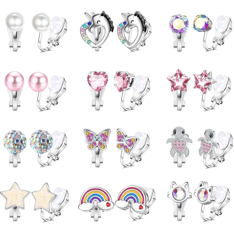 12 Pairs Clip-On Earrings Set for Women CZ, Pearl, Star, Heart & Butterfly Jewelry
