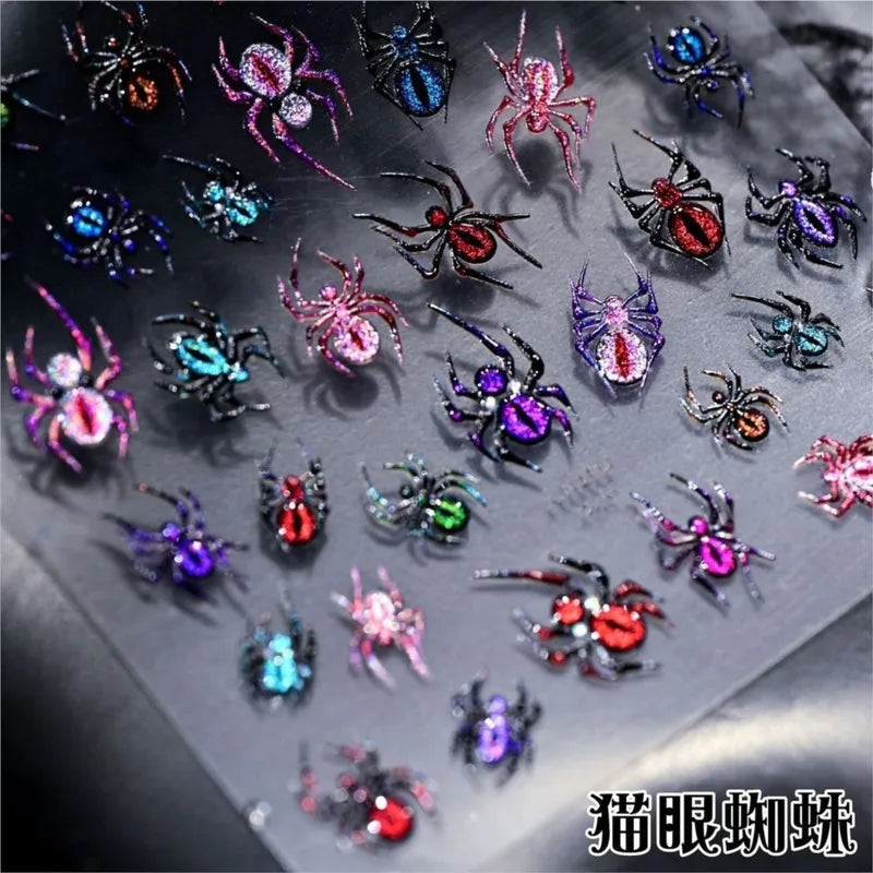 Colorful Holographic Cat Eye Spider Nail Art Stickers Halloween Decor - 1pc