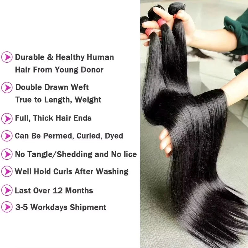 Bone Straight Brazilian Human Hair Weave Bundles 14-32 Inch Natural Black Remy Extensions