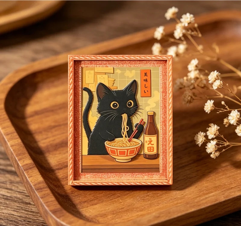 Mini Framed Black Cat Eating Ramen Magnet - Cute Japanese Cat Fridge Decor