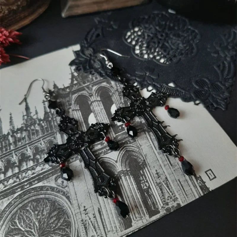 Gothic Cross Dangle Earrings with Teardrop Tassels for Women - Halloween Party Jewelry