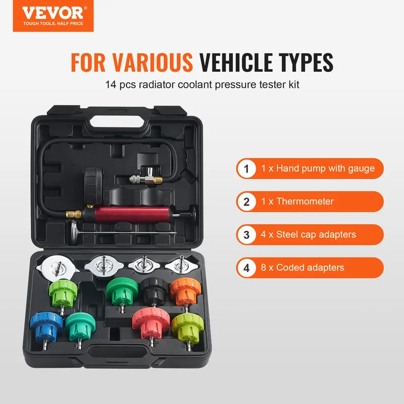 Radiator Pressure Tester Kit with Manual Pump and Color-Coded Adapters for Cars, Motorcycles, Trucks