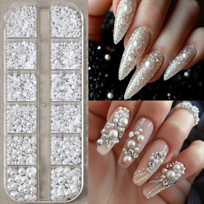 12-Grid 3D White Pearl Nail Charms Beads for Manicure & Nail Art Decoration