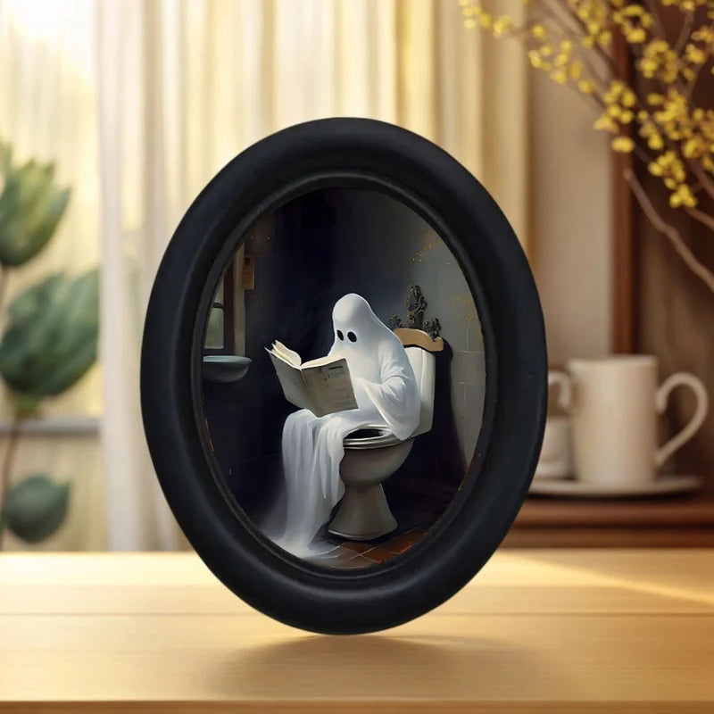 Halloween Ghost Toilet Reading Wooden Wall Art - Handmade Rustic Decor