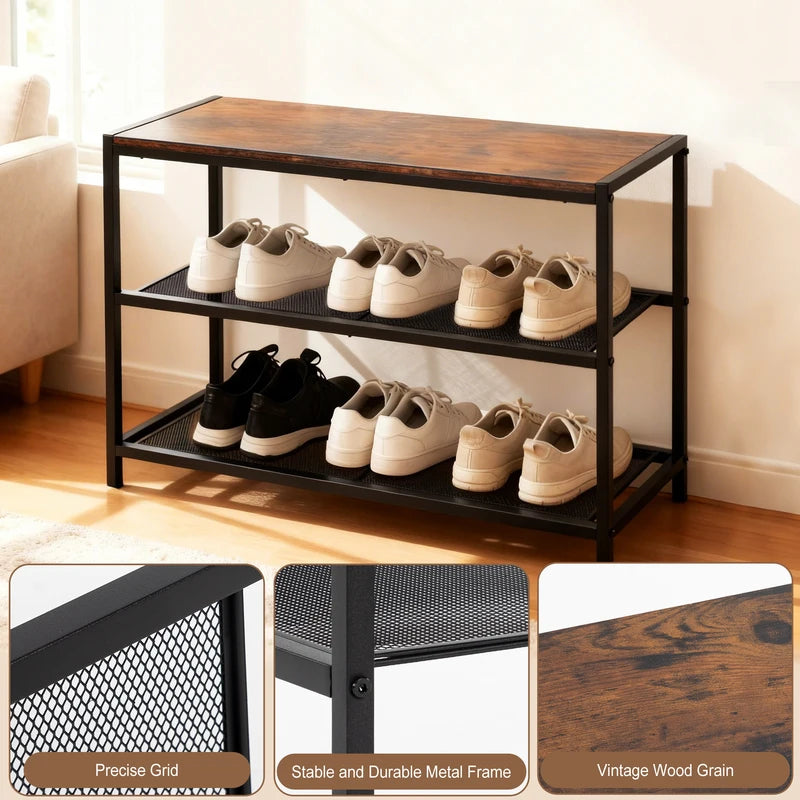 3-Tier Shoe Bench with Storage Mesh Shelves Entryway Organizer Sturdy Bench
