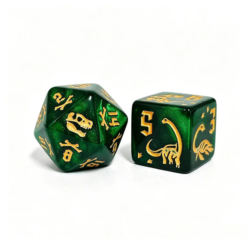 7-Piece Green Dinosaur Dice Set with Gold Skeleton & Footprint Symbols for RPG & D&D