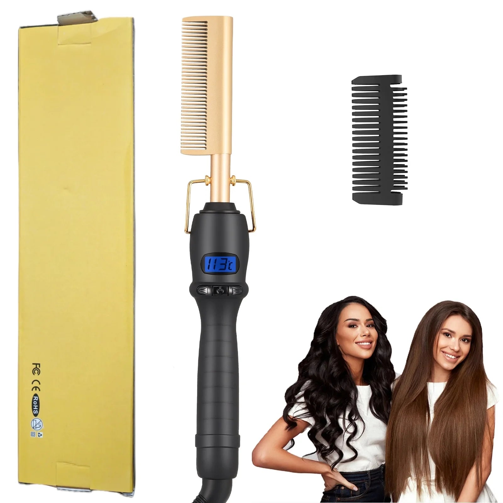 Dual Voltage Ceramic Hot Comb for Hair Straightening & Curling 450°F