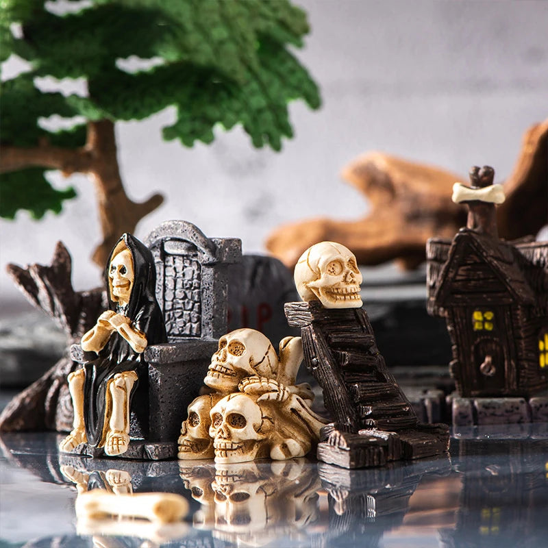 Halloween Micro Landscape Decoration Set - Raven Skull Tombstone Skeleton Ghost Figurines
