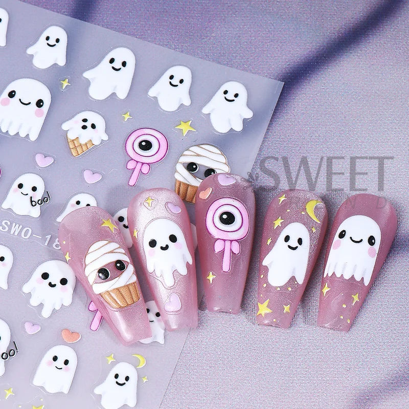 Halloween Nail Decals 2 Sheets Adorable Ghosts Pumpkins Spider Web Bat Lollipops