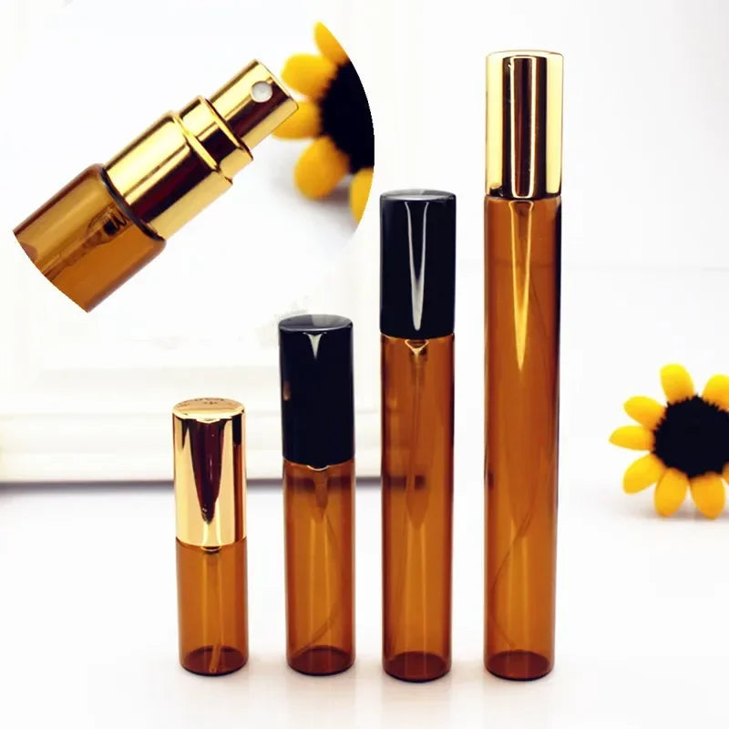 Mini Perfume Spray Bottles Set - Amber Glass Vials with Gold Silver Caps, 5ML-20ML, Portable Sample Bottles