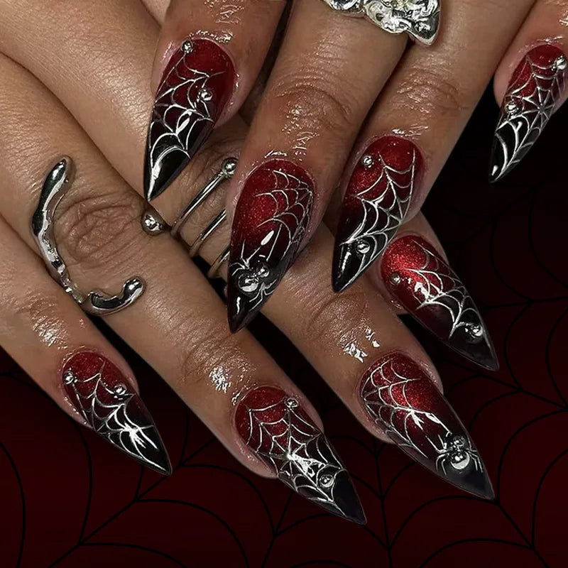Halloween False Nails 24pcs Glossy Gradient Almond Press-On Fake Nails Gothic Style