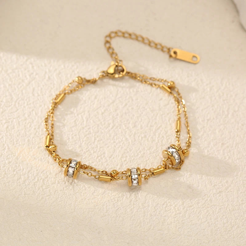 Women's Beaded Zircon Bracelet with 18K Gold PVD Plating - Elegant Jewelry