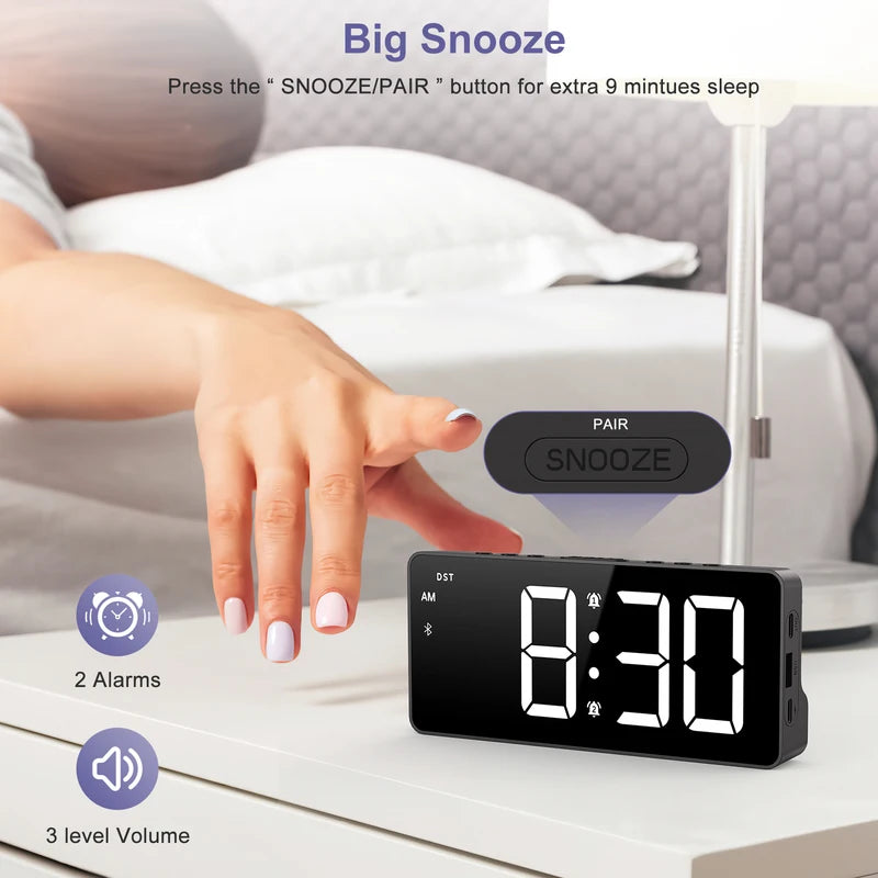 7-Inch LED Alarm Clock with Bluetooth, Dual Alarms & Brightness Control