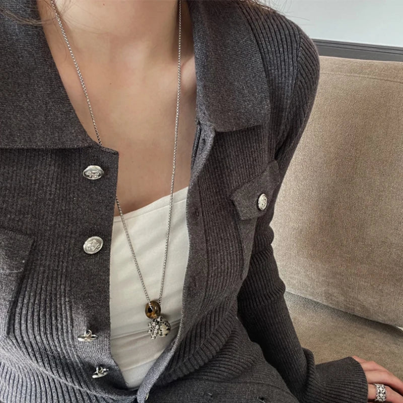 Irregular Tiger Eye Stone Pendant Necklace for Women Long Chain Jewelry