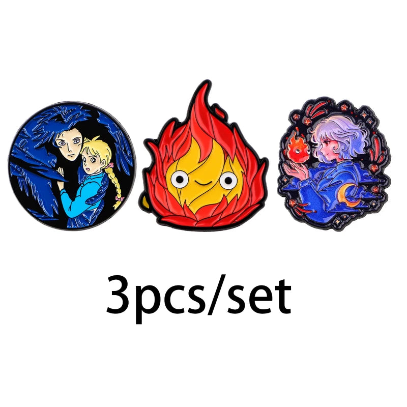 3-Piece Anime Enamel Pin Set Cartoon Fire Brooches for Clothing & Gift