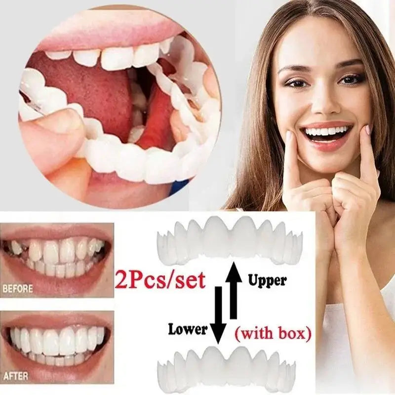 Dental Cosmetic Kit 2 Sets - Upper & Lower Teeth, Brush & Clear Box for Men Women