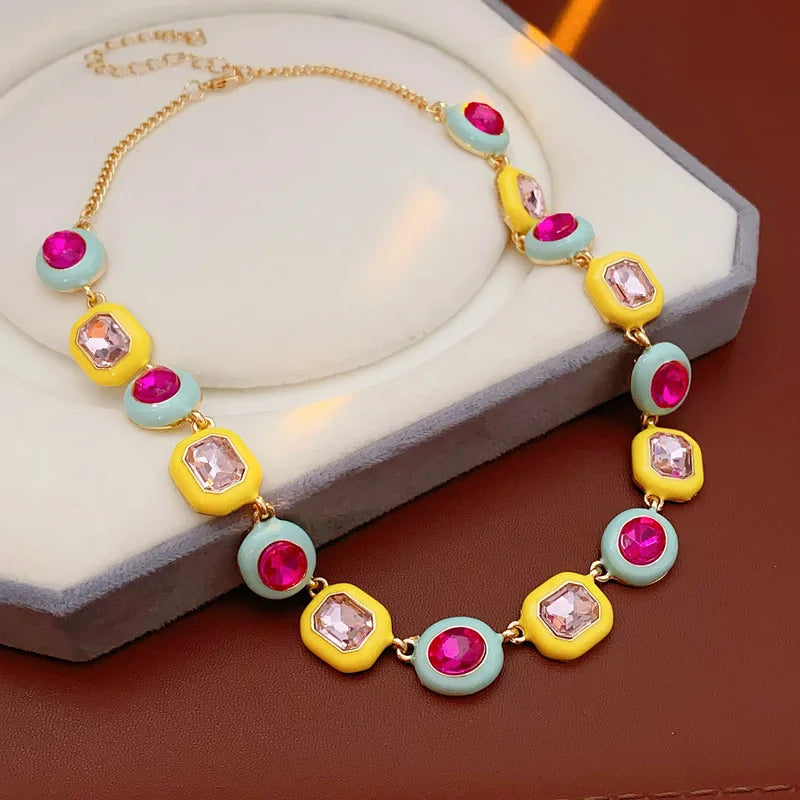 Colorful Square Oval Rhinestone Choker Necklace with Dangle Earrings Jewelry Set