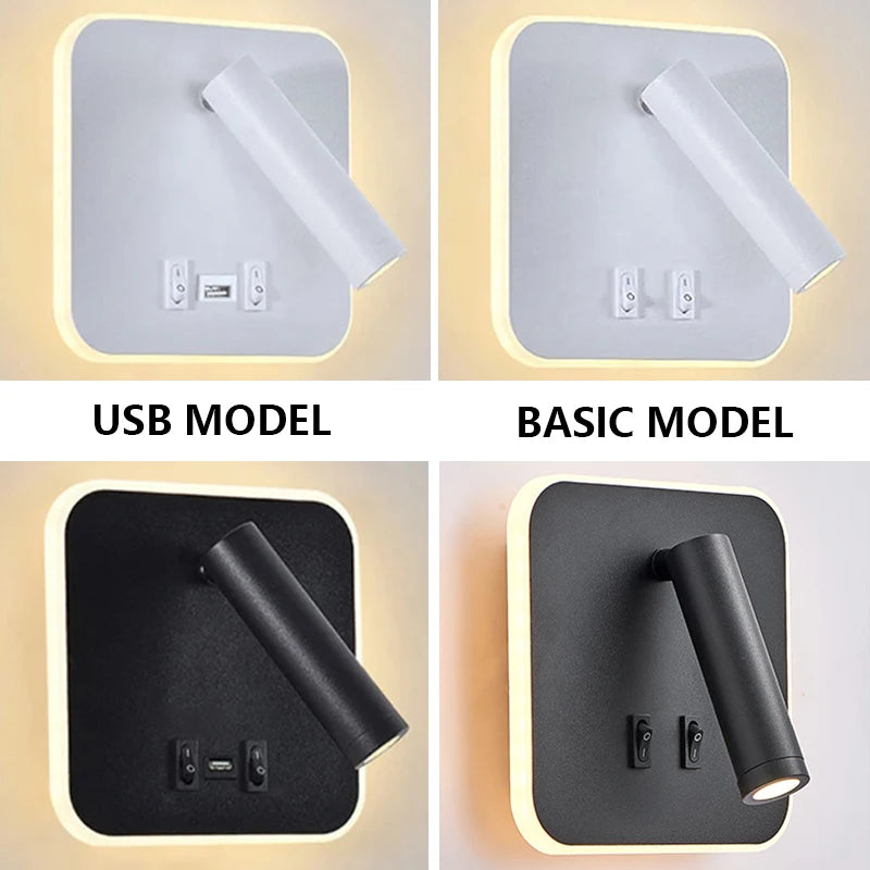 Nordic Modern LED Wall Lamp with Switch & USB for Bedroom Living Room